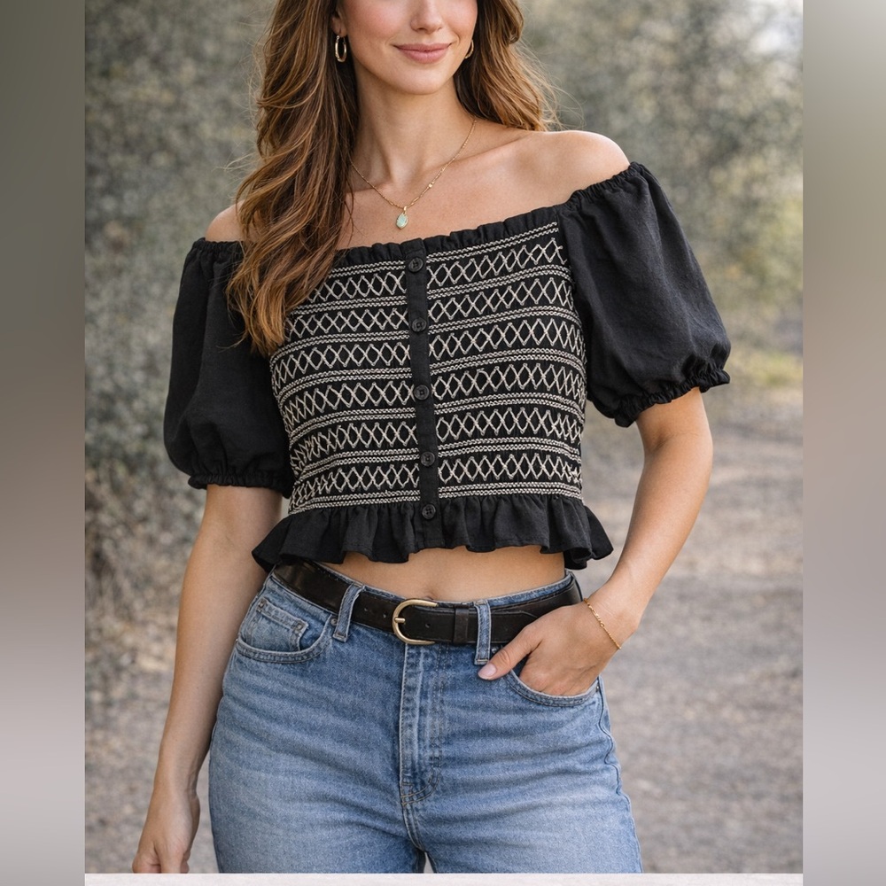 Blue Rain Smocked Puff Sleeve Crop Top Black Boho Cottagecore L